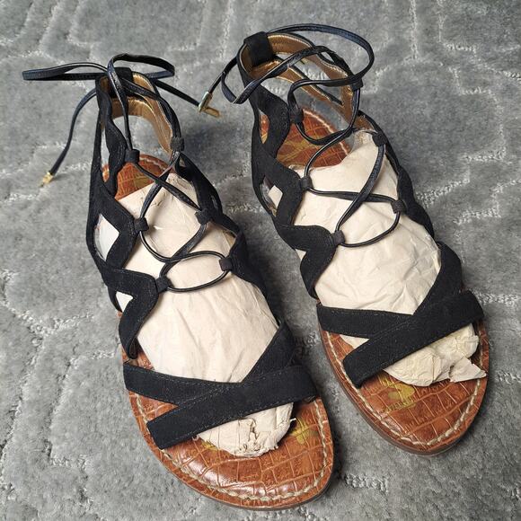 SAM EDELMAN GEMMA BLACK LEATHER GLADIATOR FLATS SANDALS WOMENS SIZE 6.5M - Picture 3 of 9